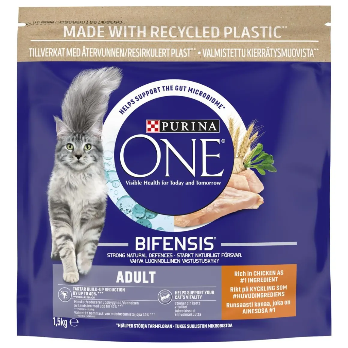 PURINA ONE KISSAN TÄYSRAVINTO ADULT KANAA & TÄYSJYVÄVILJAA 1,5 KG