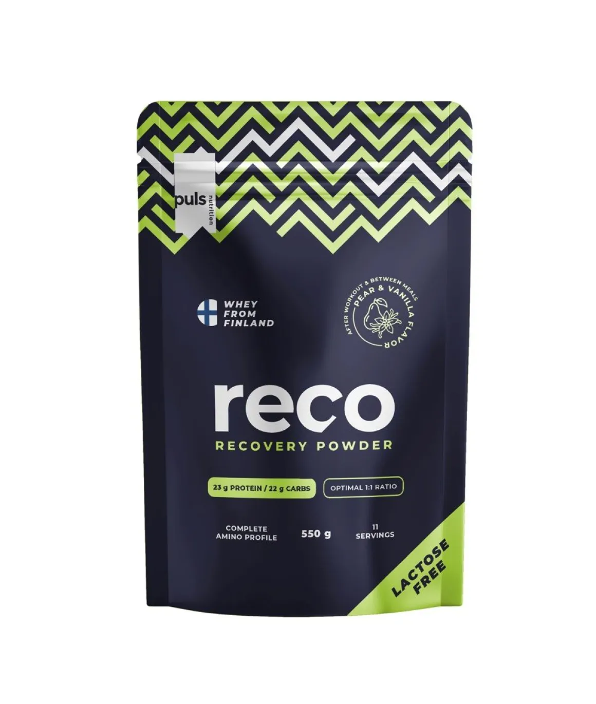 RECO PEAR & VANILLA PROTEIINI-HIILIHYDRAATTIJUOMAJAUHE LAKTON 550 G