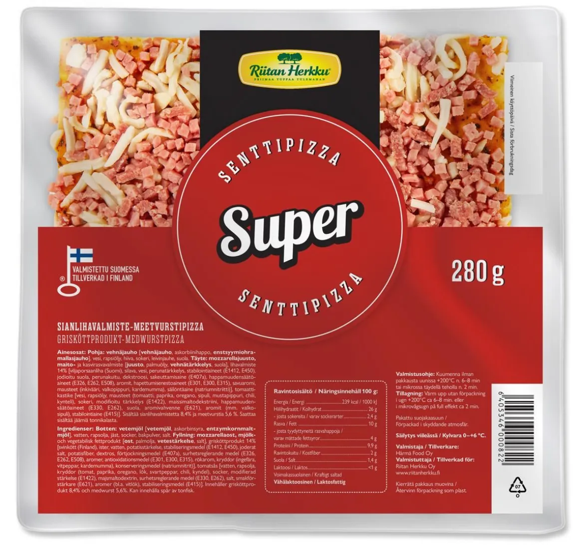 RIITAN HERKKU SENTTIPIZZA KINKKU-METWURSTI 280 G
