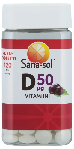 SANA-SOL D-VITAMIINI 50 MIKROGR. PURUTAB MUSTAHERUKKA 120 KPL