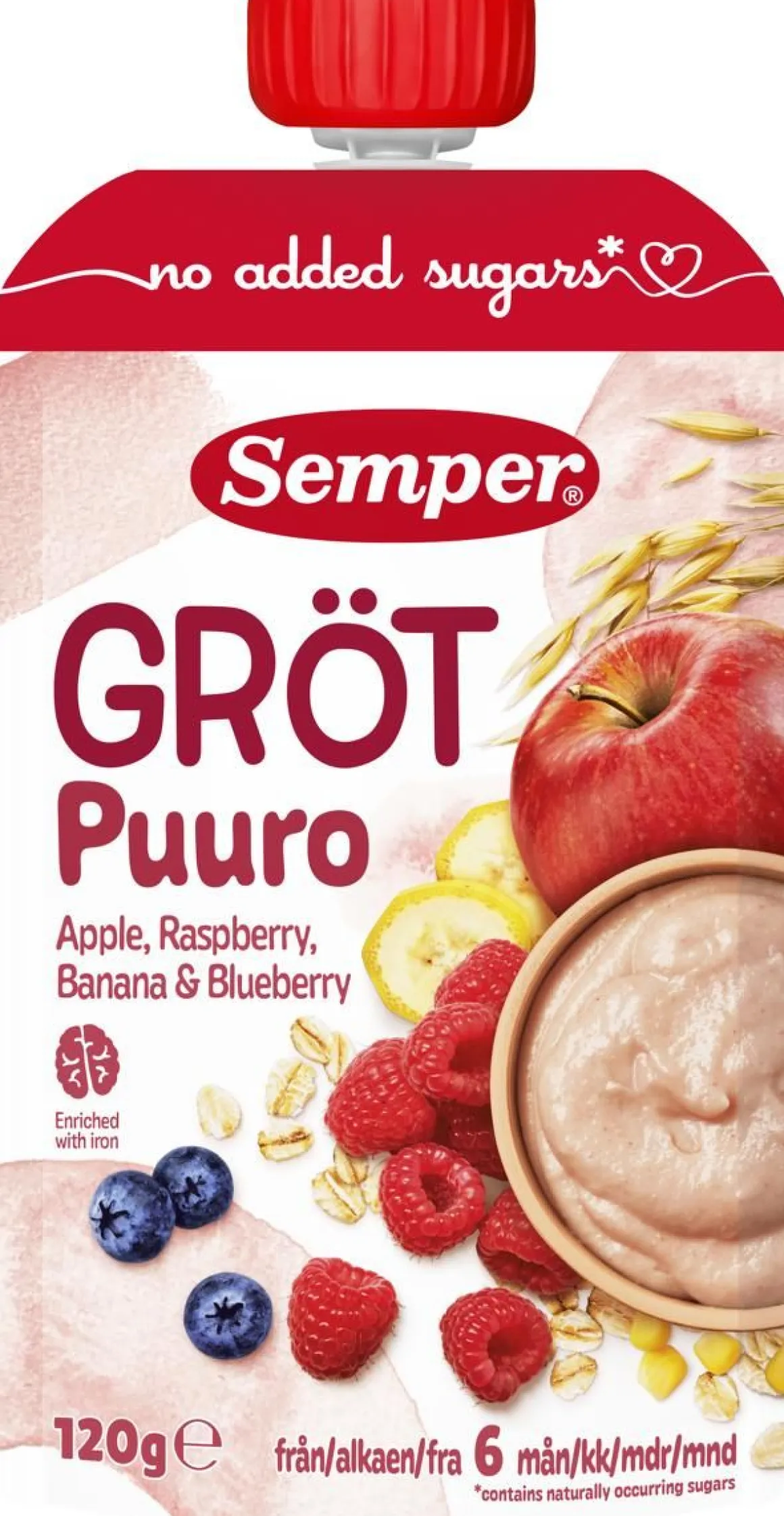 SEMPER PUURO OMENA-VADELMA- BANAANI-MUSTIKKA 6+ 120 G