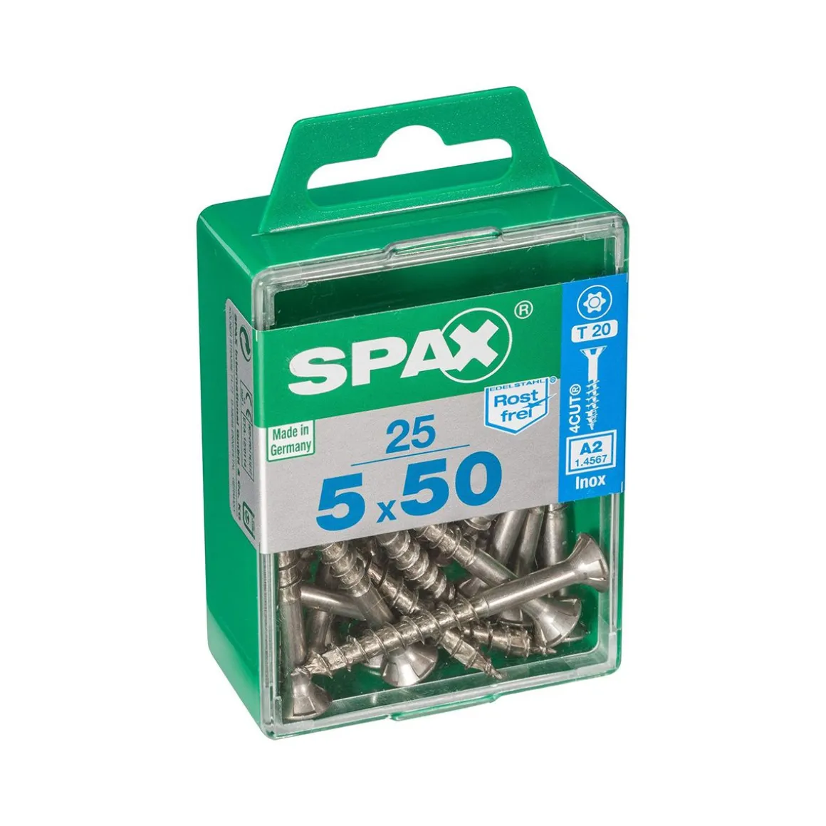 SPAX RUUVI TORX UPPOKANTA A2 RST TERÄS, OSAKIERRE 5X50 M 25KPL