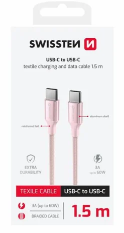 SWISSTEN USB-C-USB-C KAAPELI 1,5M PINKKI