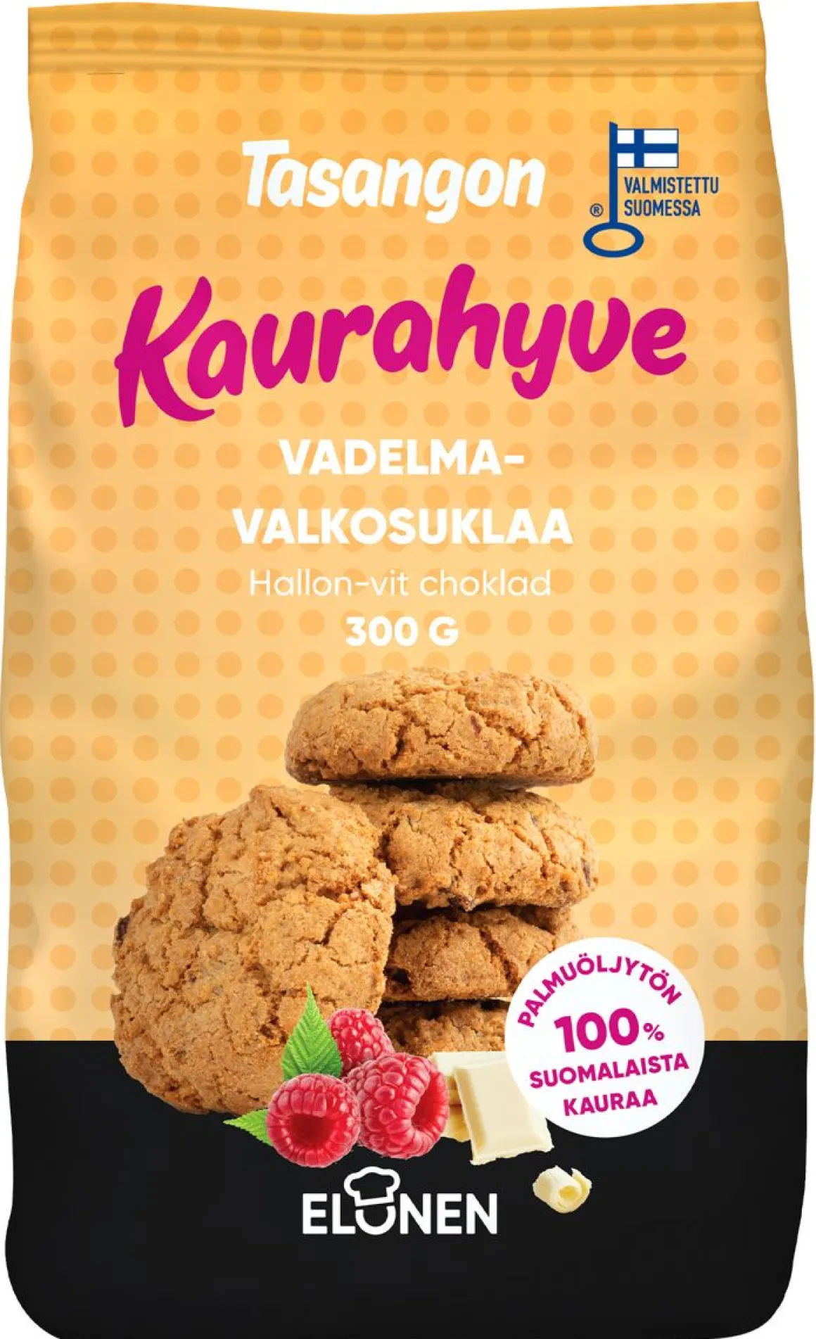 TASANGON VADELMA-VALKOSUKLAA PIKKULEIPÄ 100% KAURA 300 G