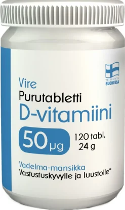 VIRE D3-VITAMIINI 50MIKROGR. PURUTAB MANSIKKA-VADELMA 120 KPL