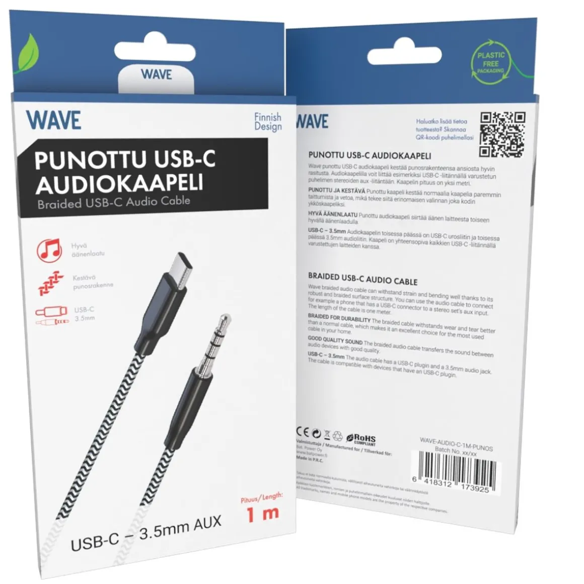 WAVE PUNOTTU AUDIOKAAPELI USB TYPE-C 3,5MM 1M MUSTAVALKOINEN