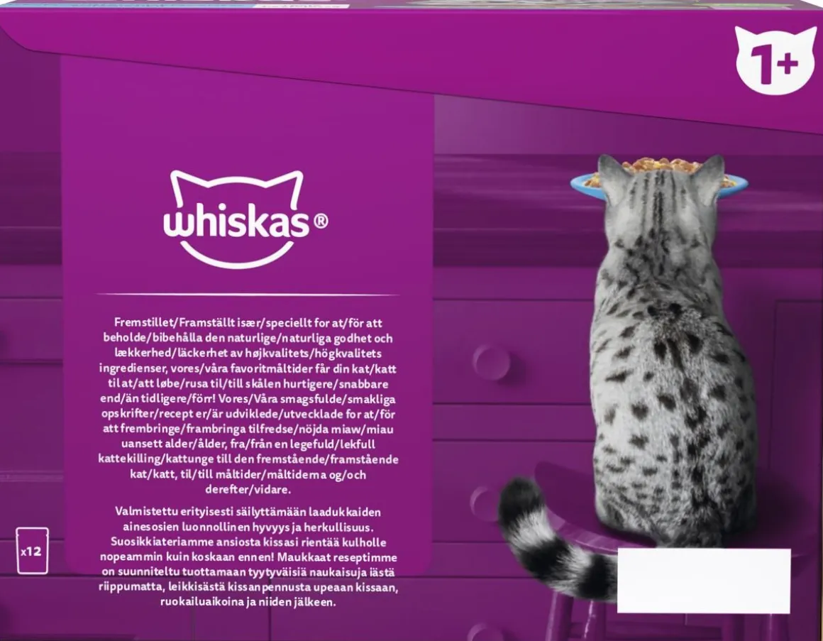 WHISKAS 1+ KALASUOSIKIT HYYTELÖSSÄ 12*85G 1,02 KG