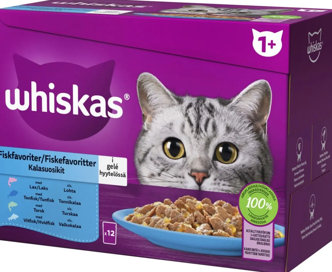 WHISKAS 1+ KALASUOSIKIT HYYTELÖSSÄ 12*85G 1,02 KG