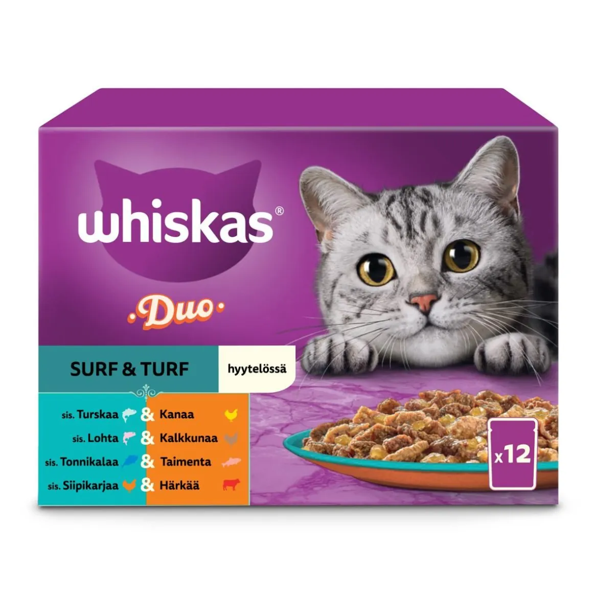 WHISKAS 1+ DUO SURF & TURF HYYTELÖSSÄ 12*85G 1,02 KG